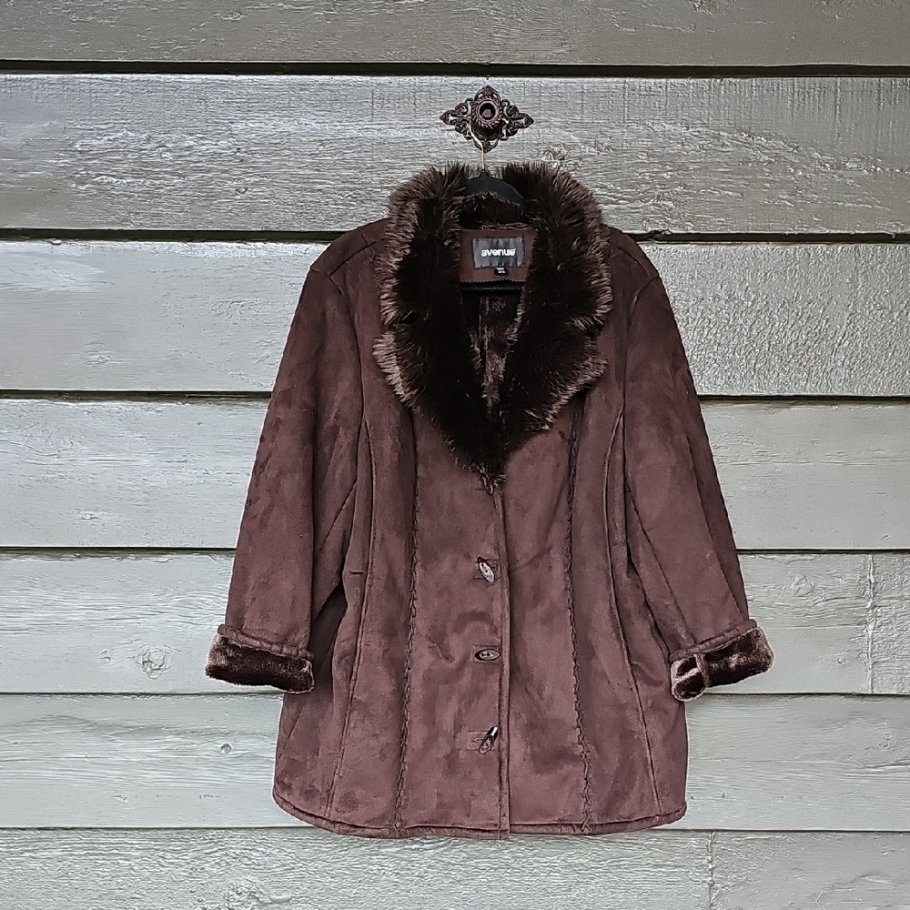 AVENUE Faux Suede Fur Y2K Jacket Brown sz 18/20 Women's Plus Coat